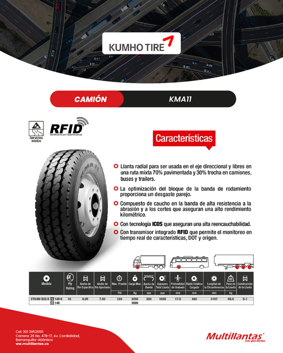 Llanta 275/80R22.5 16Pr 149K KMA11 Mix Kumho Korea
