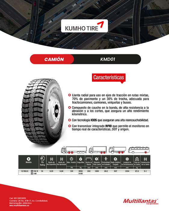 Llanta 12R22.5 16Pr 152K KMD01 Trac Kumho Korea