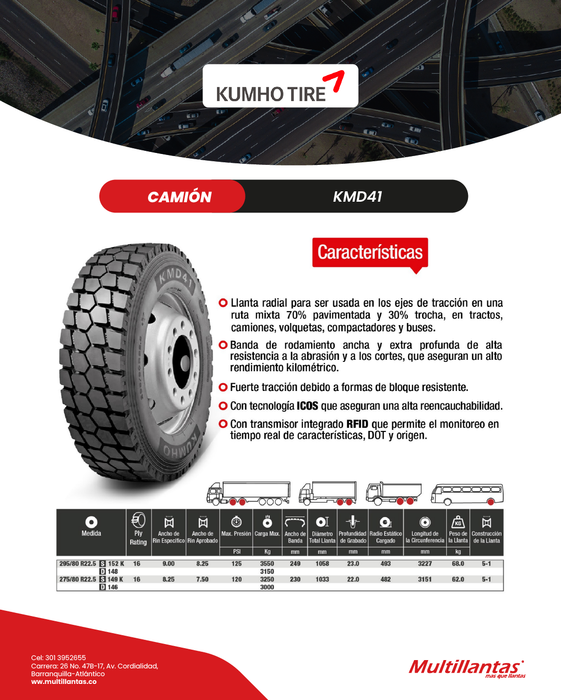 Llanta 295/80R22.5 16Pr 152K KMD41 Mix Kumho Korea