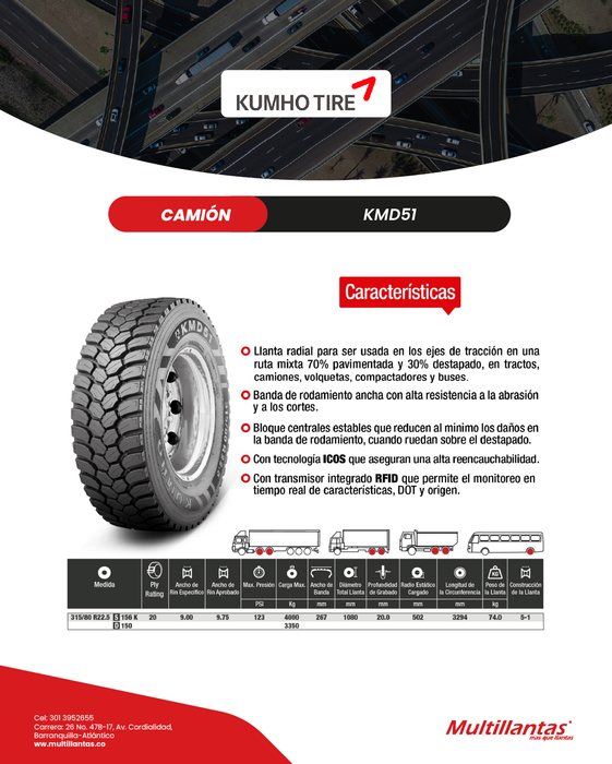 Llanta 315/80R22.5 20Pr 156K KMD51 Mix Kumho Korea