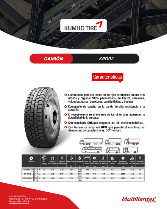 Llanta 9.5R17.5 16Pr 136L KRD02 Trac Kumho Korea