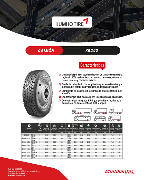Llanta 12R22.5 18Pr 152L KRD50 Trac Kumho Korea