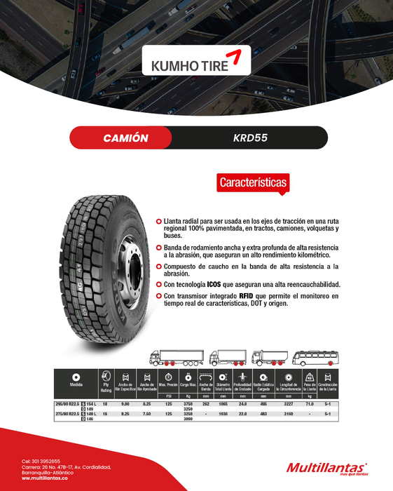 Llanta 275/80R22.5 16Pr 149/146L KRD55 Trac Kumho Korea