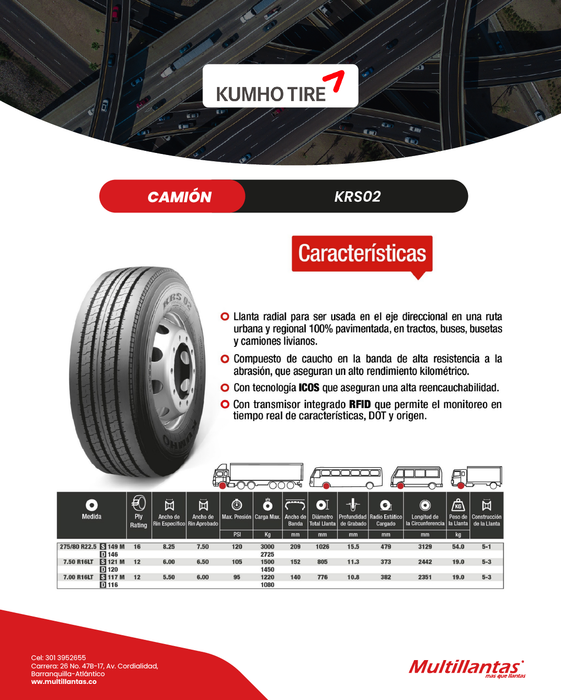 Llanta 750R16 12Pr 121M KRS02 Dir Kumho Korea