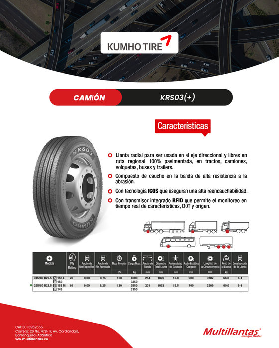 Llanta 295/80R22.5 16Pr 152M KRS03 Dir Kumho Korea
