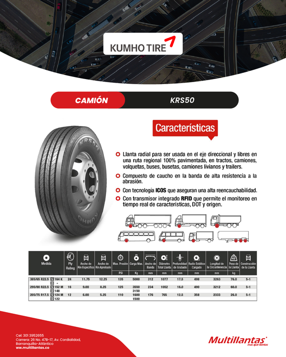 Llanta 385/65R22.5 24Pr 164K KRS50 Dir Kumho Korea