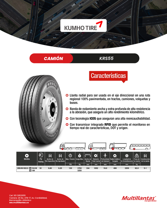 Llanta 295/80R22.5 18Pr 154L KRS55 Dir Kumho Korea