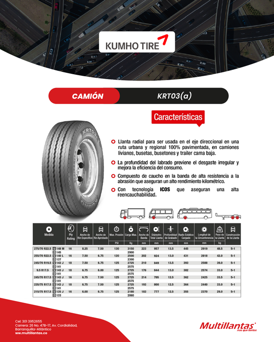 Llanta 9.5R17.5 18Pr 143J KRT03 Dir Kumho Korea