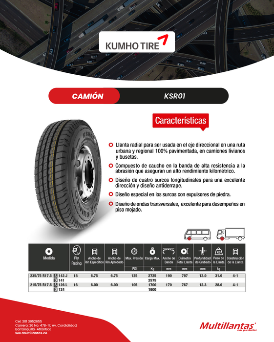 Llanta 215/75R17.5 16Pr KSR01 Dir Kumho Ch