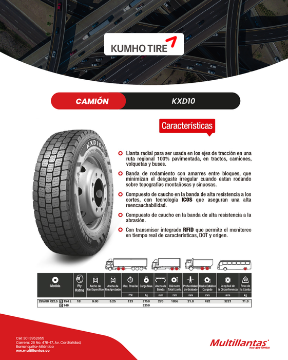 Llanta 295/80R22.5 18Pr 154/149L KXD10 Trac Kumho Korea