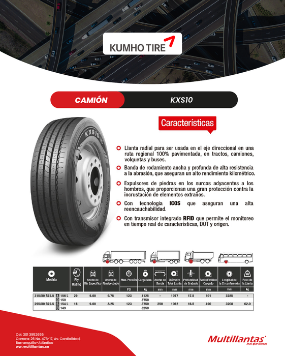 Llanta 295/80R22.5 18Pr 154/149L KXS10 Dir Kumho Korea