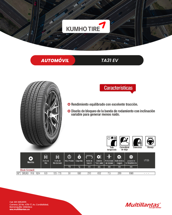Llanta 205/60R16 92H TA31 Eléctrico Kumho