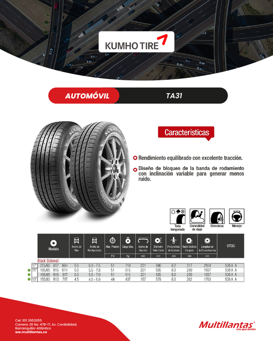 Llanta 195/65R15 91T TA31 Kumho Usa