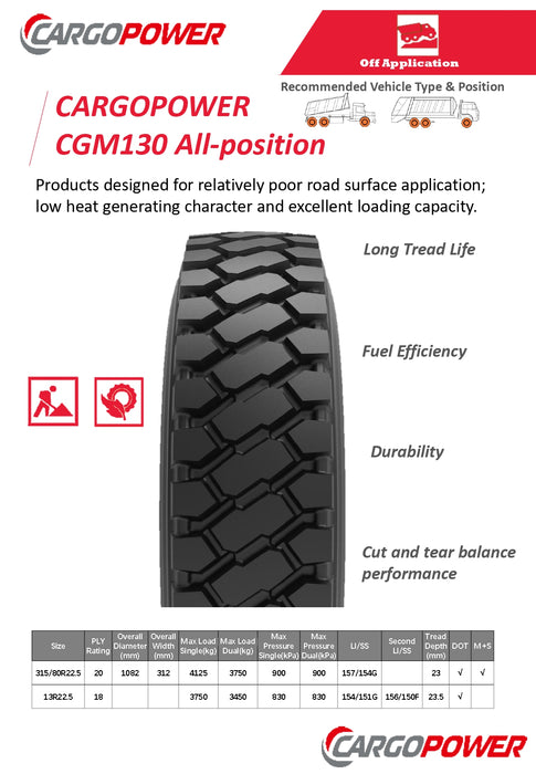 Llanta 12R22.5-18 152/149G CGM130 TL Cargopower