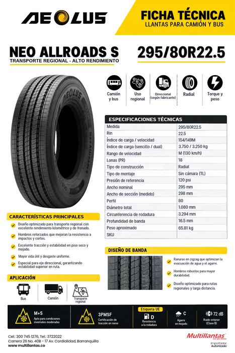 Llanta 295/80R22.5-18 154/149M NEO ALLROADS S
