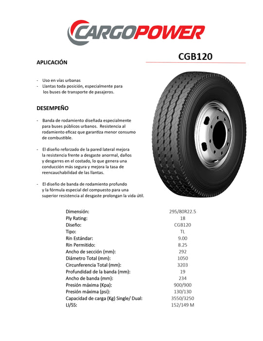 Llanta 295/80R22.5 18PR 152/149M CGB120 TL Cargopower