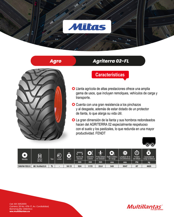 Llanta 500/60R22.5 161D Imp Agriterra 02 TL Mitas