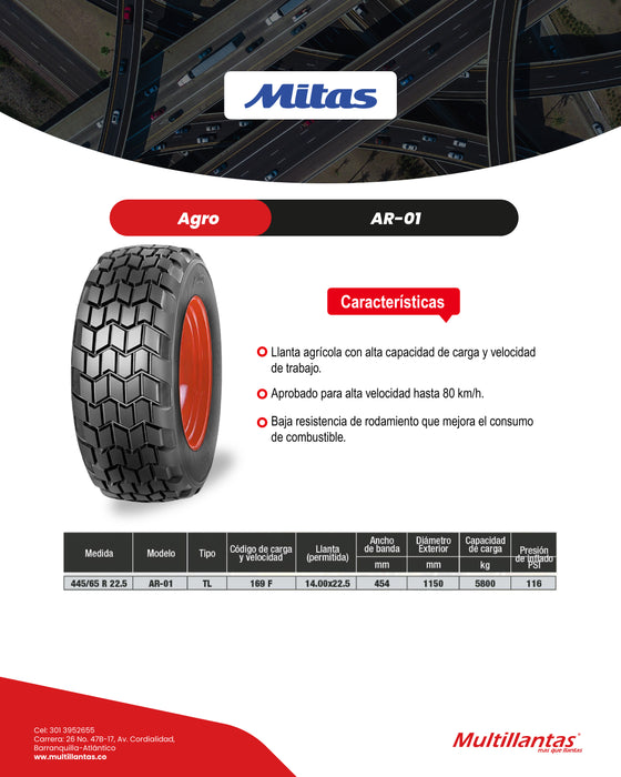 Llanta 445/65R22.5 169F AR-01 TL Mitas Sin Iva