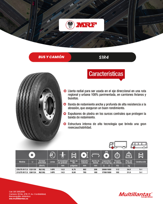 Llanta 235/75R17.5 14Pr 132/130M S1R4 HWY Dir MRF