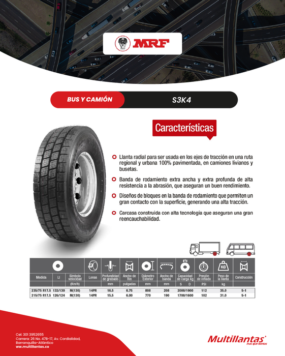 Llanta 215/75R17.5 14Pr 126/124M S1R4 HWY TL Dir MRF