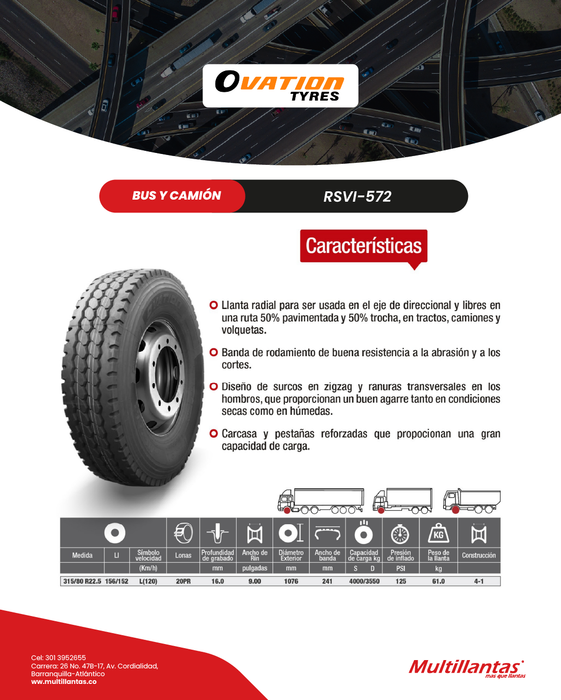 Llanta 315/80R22.5 20Pr 156/152L RSVI-572 Dir Mix Ovation