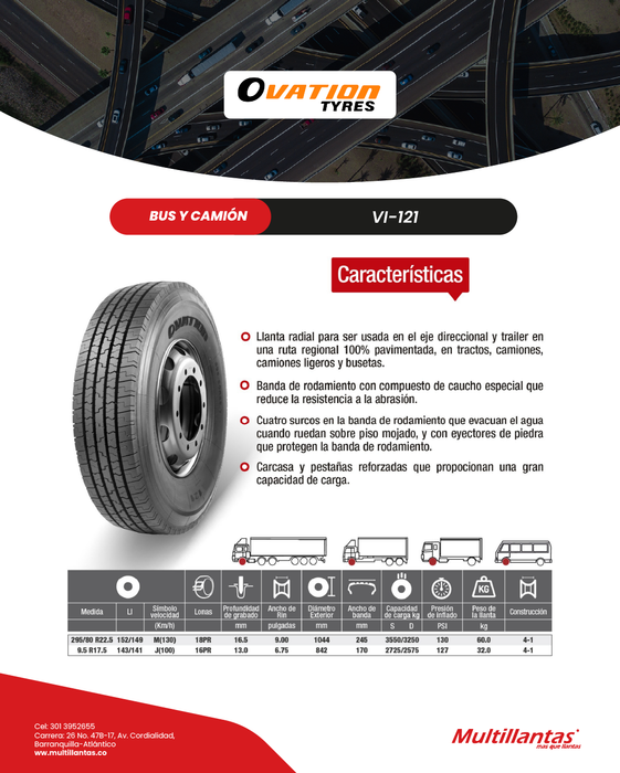 Llanta 9.5R17.5 16Pr 143/141 J VI-121 Dir Ovation