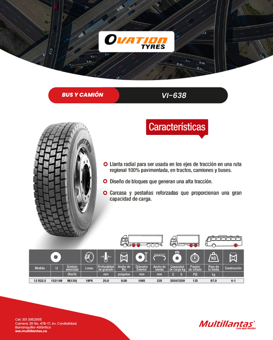 Llanta 12R22.5 18Pr 152/149 M VI-638+ Trac Ovation