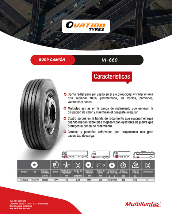 Llanta 12R22.5 18Pr 152/149 M VI-660 Dir Ovation