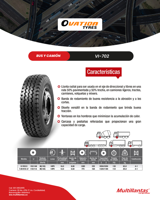 Llanta 12R22.5 18Pr 152/149 M VI-702 Mix Ovation