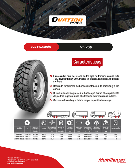 Llanta 315/80R22.5 20Pr 156/152 L VI-768 Trac Mix Ovation