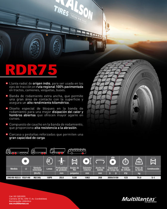 Llanta 295/80R22.5 18Pr 152/148M RDR75 Trac Ralson