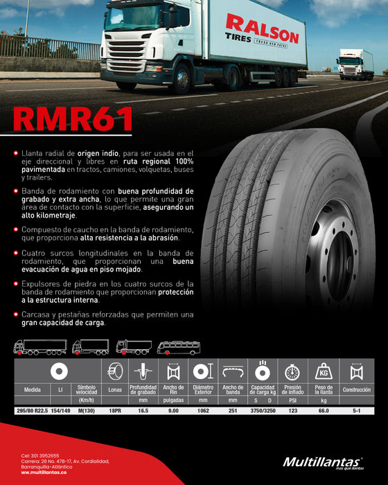 Llanta 295/80R22.5 18Pr 154/149M RMR61 Dir Ralson