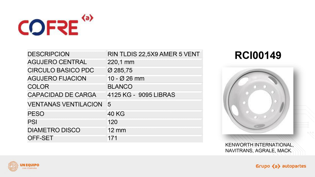 RIN COFRE TLDIS 22.5X9 AMERIC 5 VENT