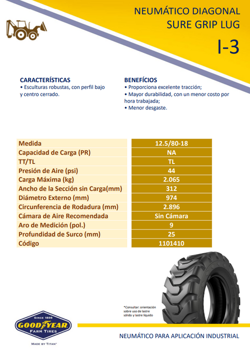 Llanta 12.5/80-18 I3 SURE GRIP LUG 10PR GOODYEAR TL