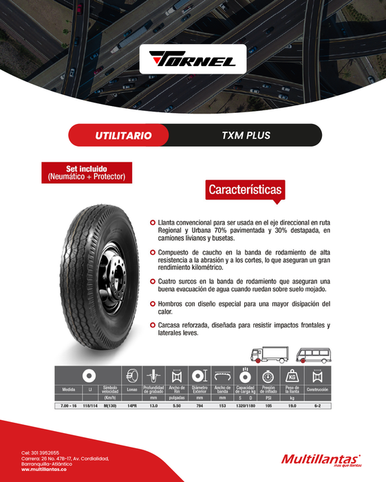 Llanta 700-16 14Pr 118/114M TXL Plus Trac Set (N+P) Tornel