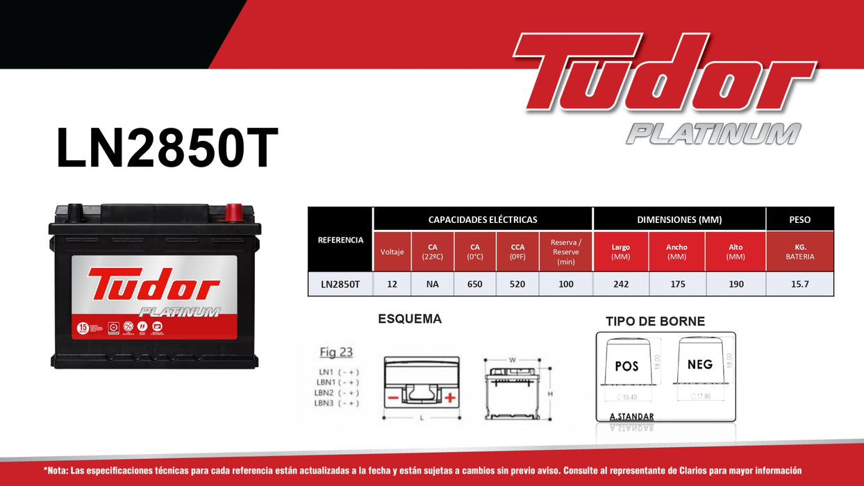 Batería Tudor LN2850T