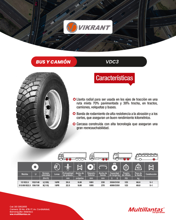 Llanta 12R22.5 16Pr 152/148L Jetsteel VDC3 Trac Vikrant