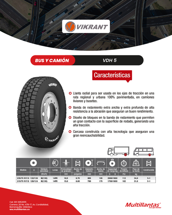 Llanta 215/75R17.5 14Pr 126/124M VDH5 TL Trac Vikrant