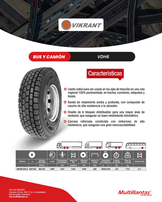 Llanta 295/80R22.5 16Pr 152/148M VDH6 Tracc Vikrant