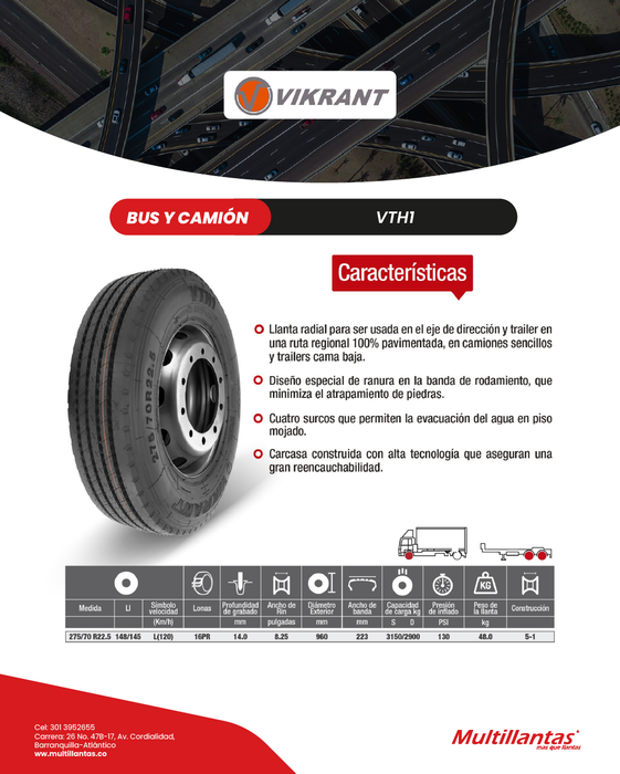 Llanta 275/70R22.5 16Pr 148/145L VTH1 Vikrant
