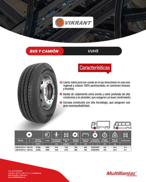 Llanta 235/75R17.5 18Pr 143/141J VUH5 Dir Vikrant