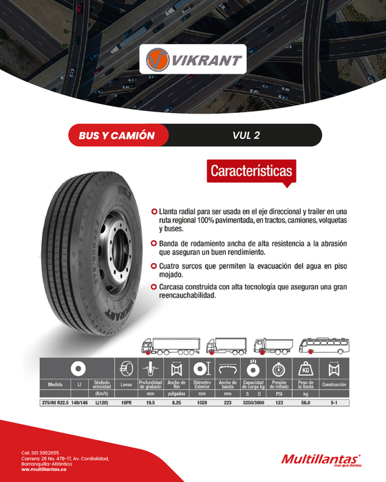 Llanta 275/80R22.5 16Pr 149/146L VUL2 Vikrant