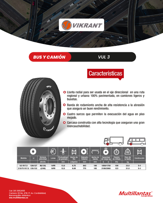 Llanta 215/75R17.5 16Pr 135/133J VUL3 Dir Vikrant