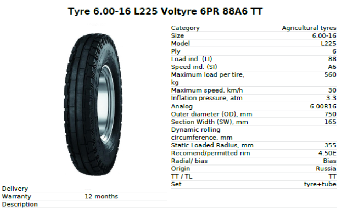 Llanta 6.00-16 I1 L225 88A6 VOLTYRE TT