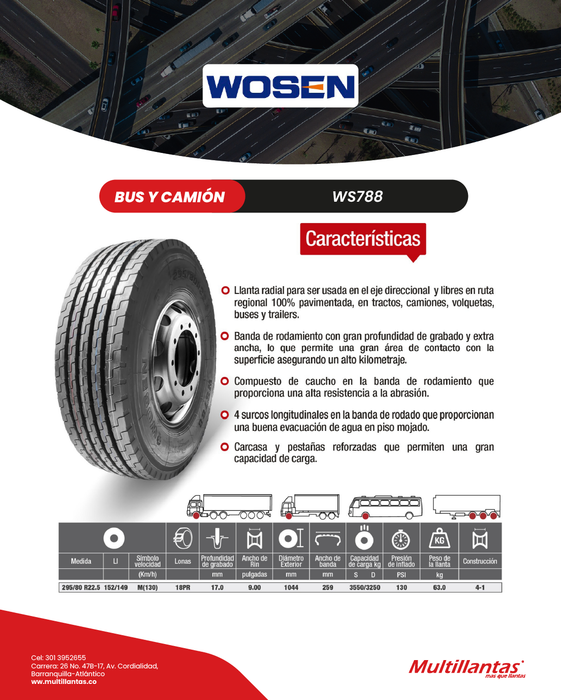 Llanta 295/80R22.5 18Pr 152/149M WS788 Dir Wosen