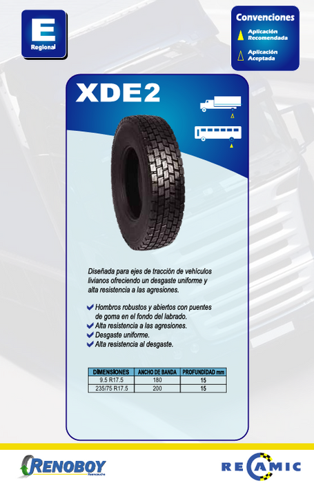 Reencauche de llantas para terreno Regional – Tracción | Diseño XDE2