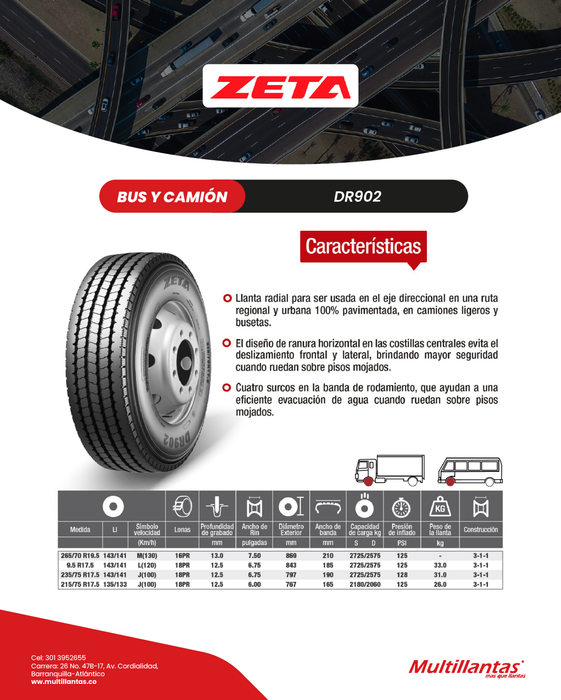 Llanta 215/75R17.5 18 Pr 135/133J DR902 Dir Zeta