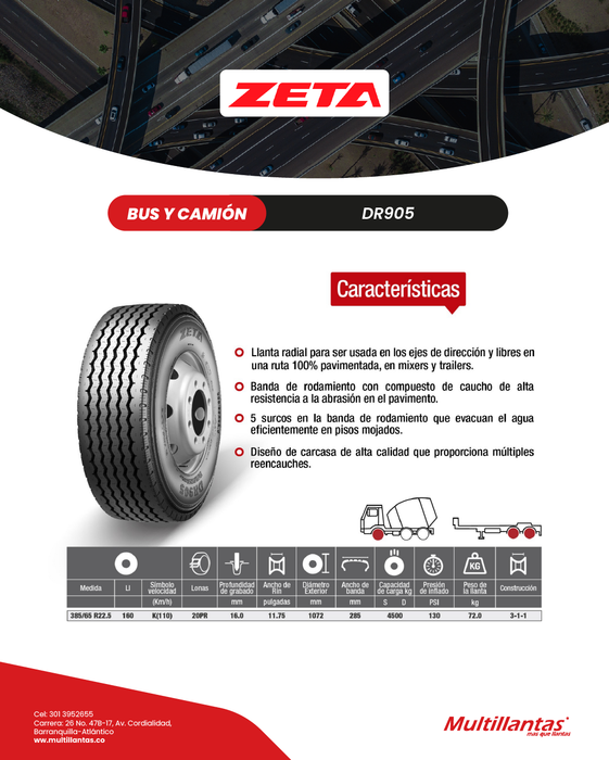 Llanta 385/65R22.5 20Pr 160K DR905 Dir Zeta