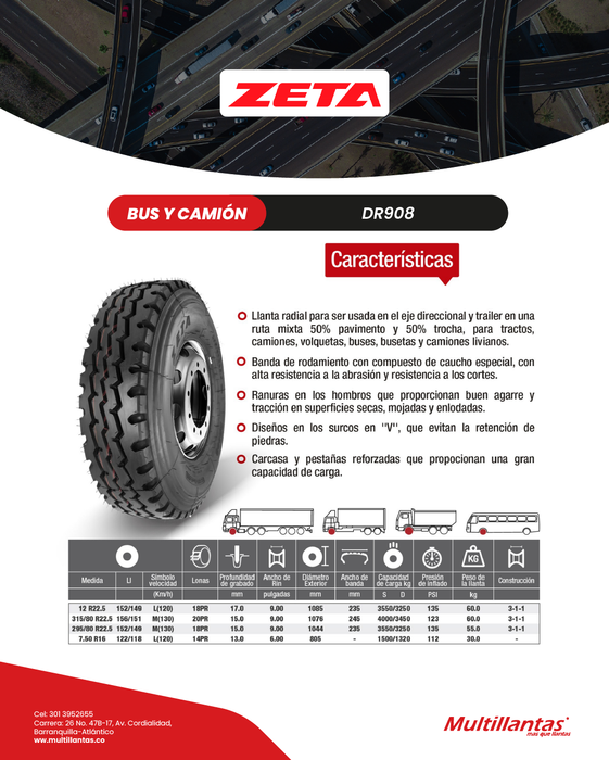 Llanta 12R22.5 18Pr 152/149L DR908 Mix Zeta