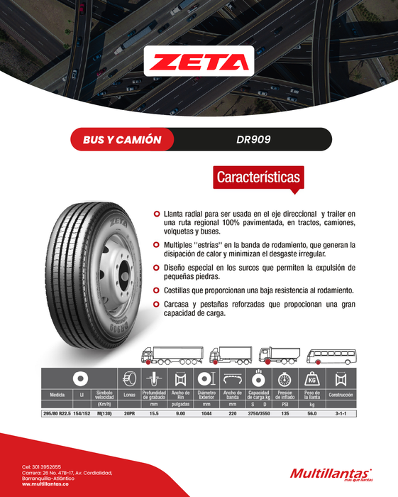 Llanta 295/80R22.5 20Pr 154/152M DR909 Dir Zeta